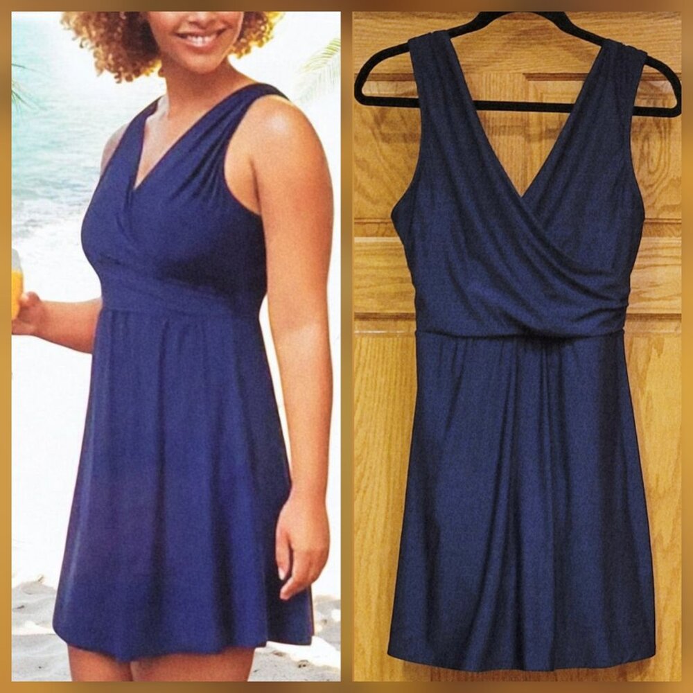 Lands' End Tummy Control Surplice Faux-Wrap One-Piece Blue Swim Dress Swimsuit